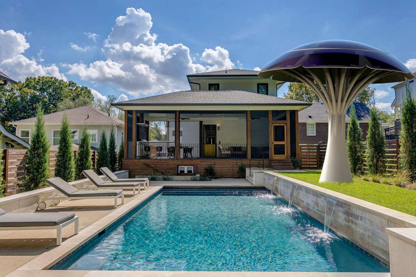 Beautiful SolarBotanic Tree in a landscaped garden with a swimming pool.